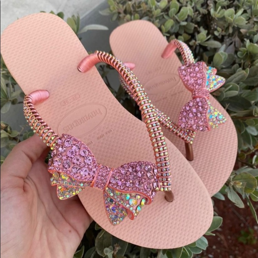 CUSTOM ORDER for Ka1207 in BLACK Havaianas Flip Flops, Embellished Handmade NEW